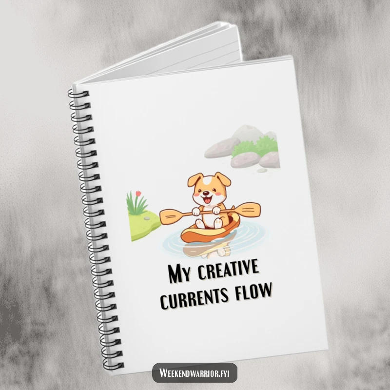 Funny notebook with an energetic dog paddling in a stream with a paddle, designed for jotting down notes with a playful and water-themed design.