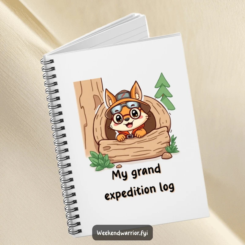 Funny notebook with a delighted squirrel explorer peeking from a log, designed for capturing thoughts and adventures with a humorous touch.