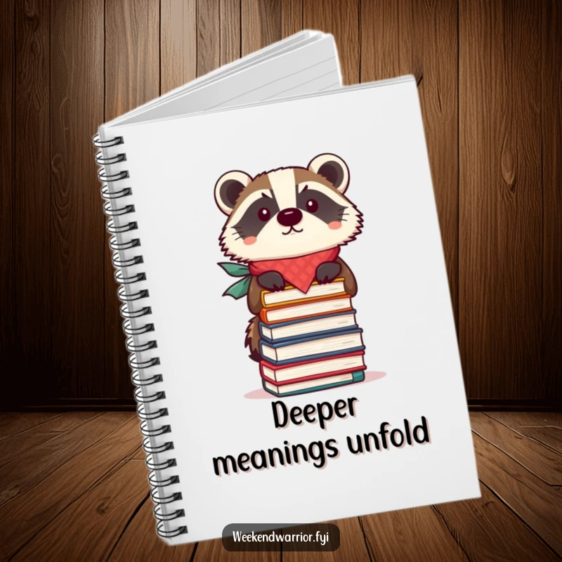 Funny notebook featuring a focused badger in a bandana balancing a stack of books, ideal for note-taking.