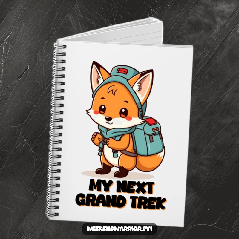 Funny fox with a backpack full of camping supplies, ready to explore on a humorous notebook cover.