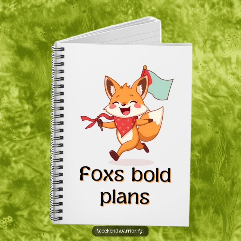 Funny fox notebook with a joyful fox wearing a bandana, running with a flag, perfect for notes and creative ideas.