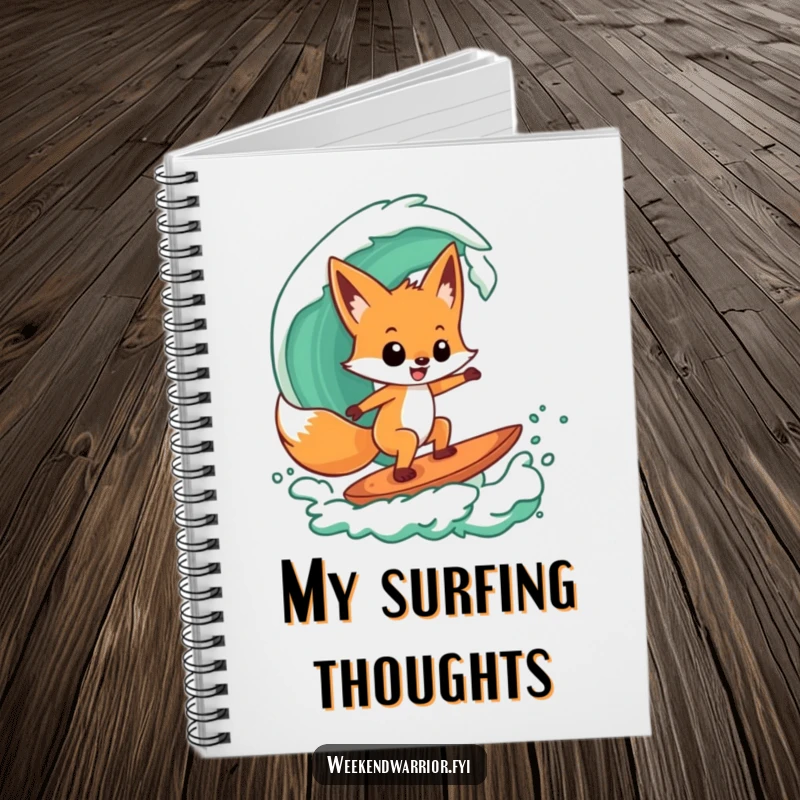 Funny notebook with a playful fox character confidently surfing a stylized green wave, perfect for capturing ideas.