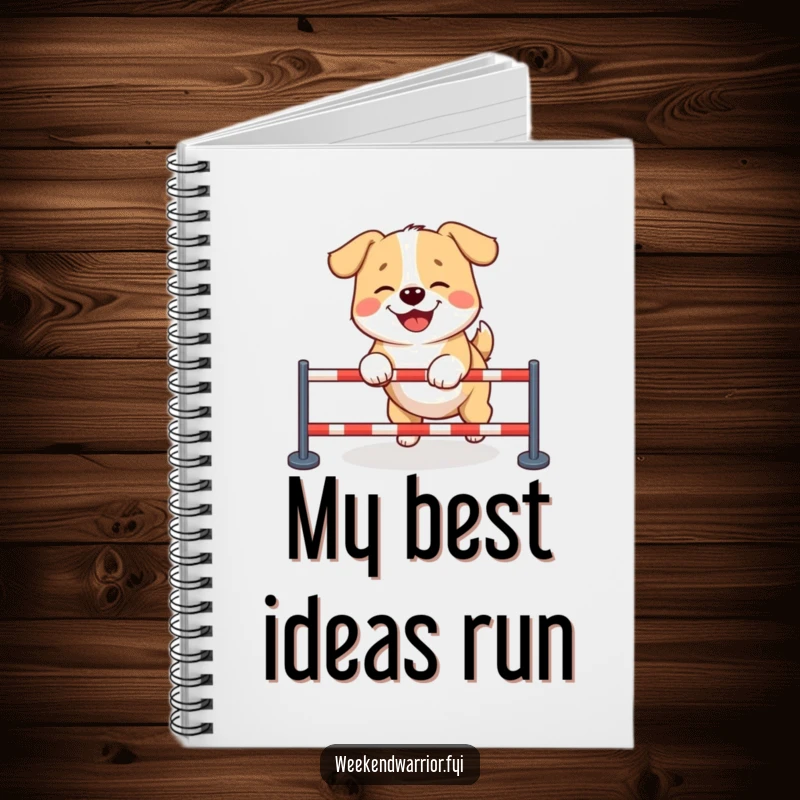 Funny dog notebook cover with a giggling dog victoriously crossing a tiny obstacle course, inspiring creativity and laughter.