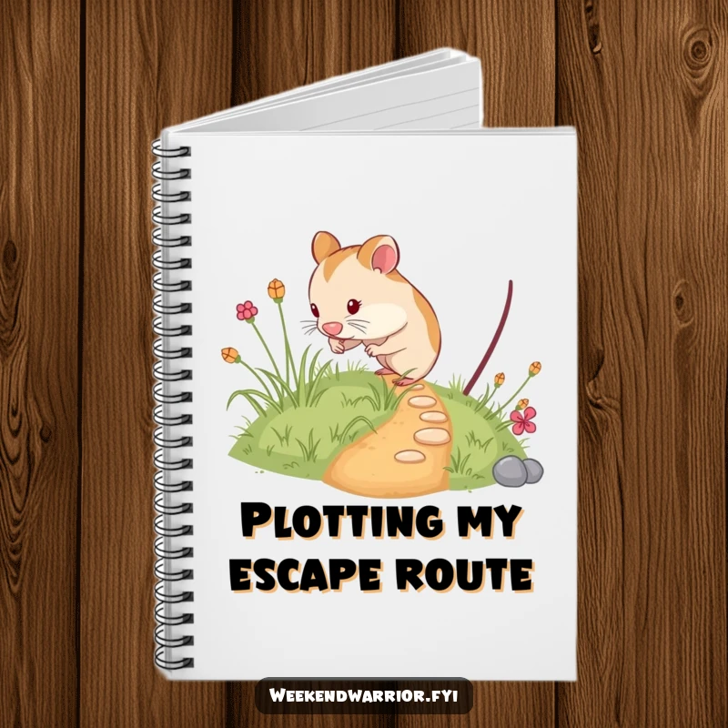 Funny hamster notebook with a curious rodent exploring a miniature, overgrown path, designed for jotting down thoughts and creative ideas.