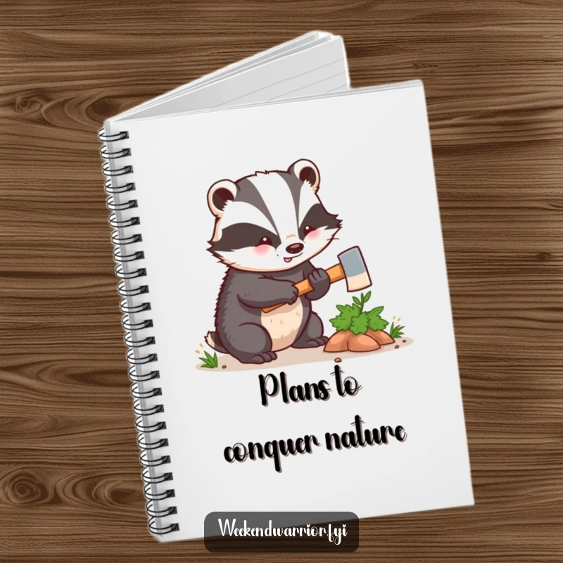 Funny kawaii badger enthusiastically hacking a small bush with a tiny axe, on the cover of a lined notebook. Ideal for planning and brainstorming.