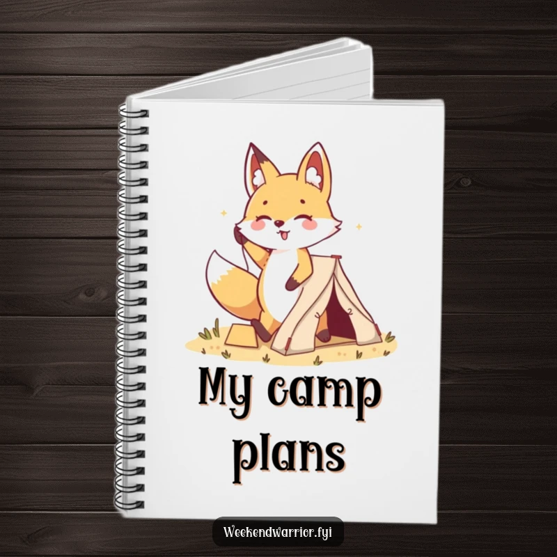 Funny Kawaii Fox Tent Notebook: A cute fox happily plants a small tent, its cheerful pose inviting you to fill its pages with outdoor plans.