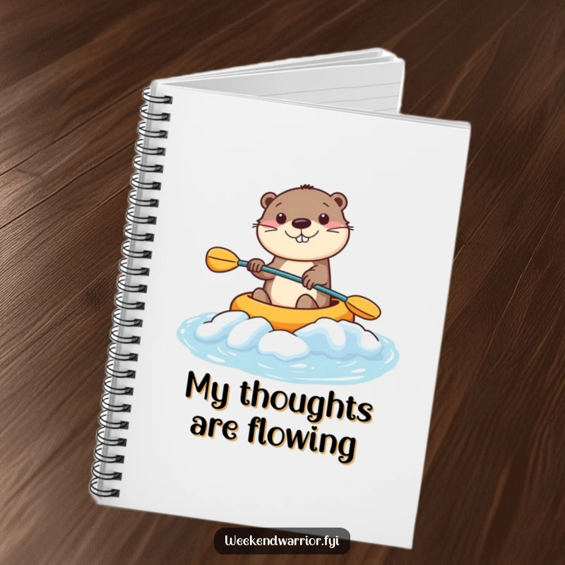 Funny Kawaii Otter Notebook featuring a smiling character kayaking rapids, perfect for jotting down joyful notes humorously. Ideal funny gift.