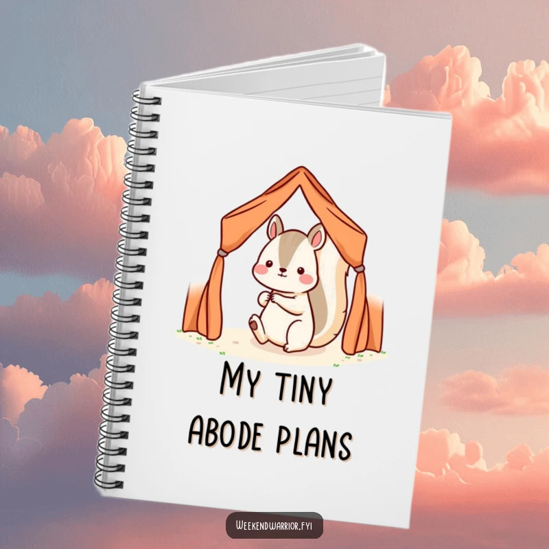 Funny Kawaii squirrel character setting up a small tent on a notebook cover, showing planning and determination.