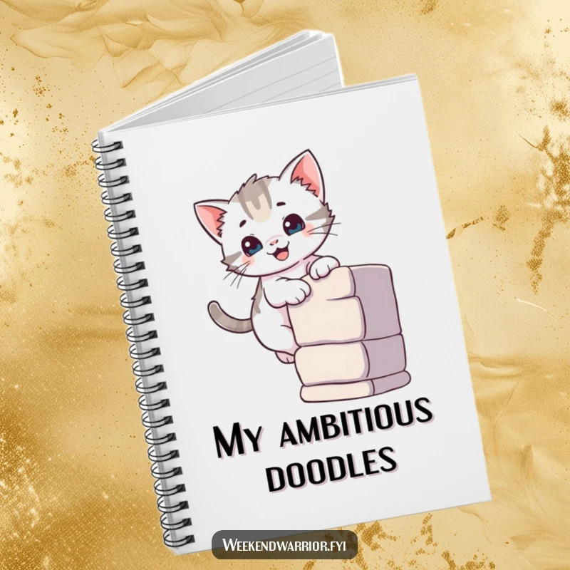 Funny notebook cover with a curious kitten smiling while climbing a small wall, inspiring creative and playful writing.