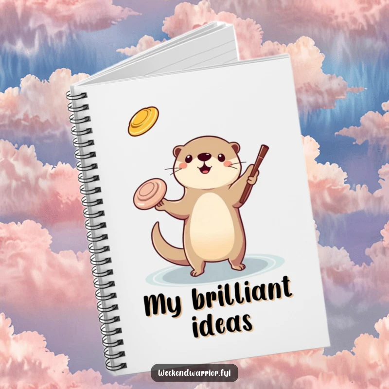 Funny otter juggling notebook with a cover depicting a playful otter skillfully juggling a frisbee and a stick, perfect for note-taking.