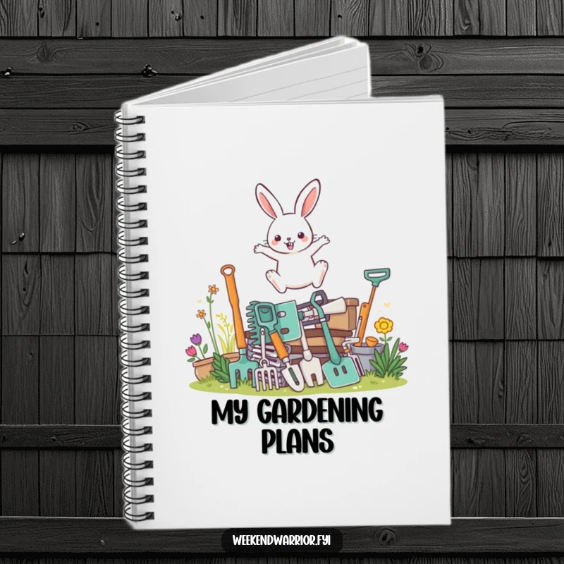 Funny notebook with a determined rabbit character leaping over gardening tools, perfect for planning garden projects.