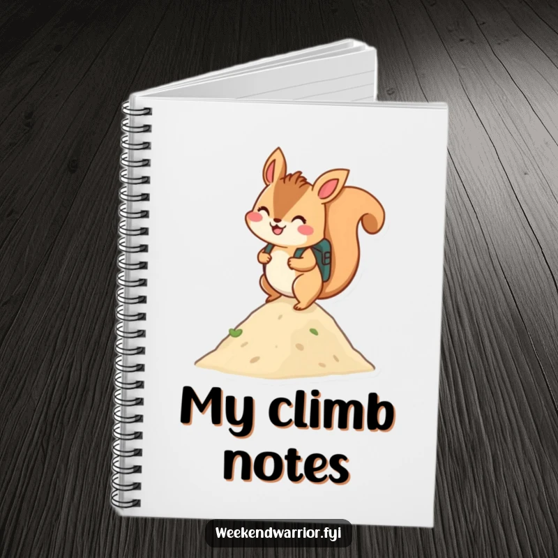 Funny notebook: A cheerful squirrel with a backpack climbing a hill, inspiring exploration and note-taking.