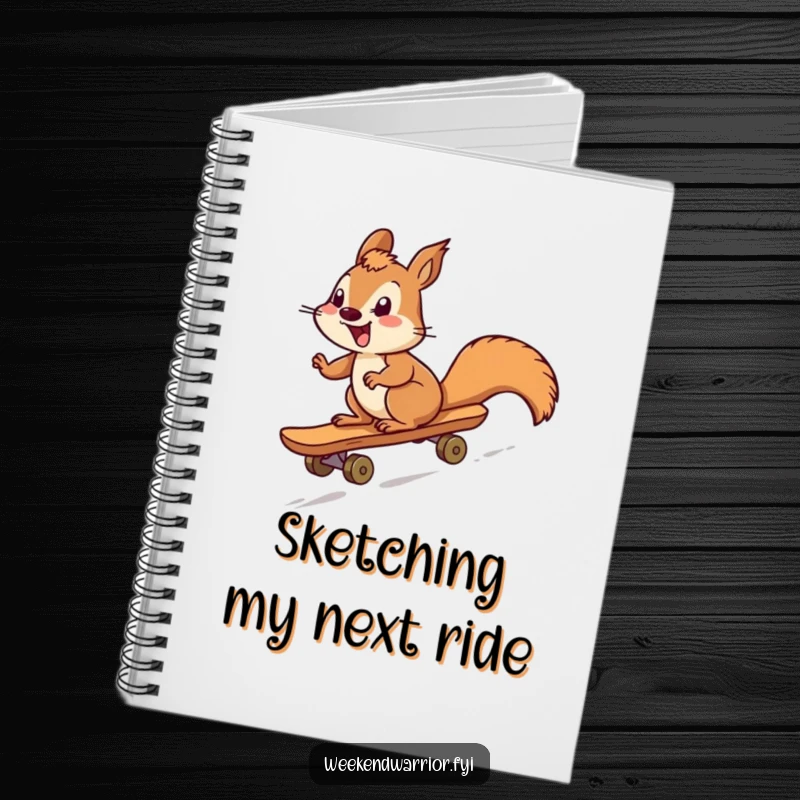 Funny squirrel character skateboarding downhill on a notebook cover, inspiring creative and humorous note-taking.