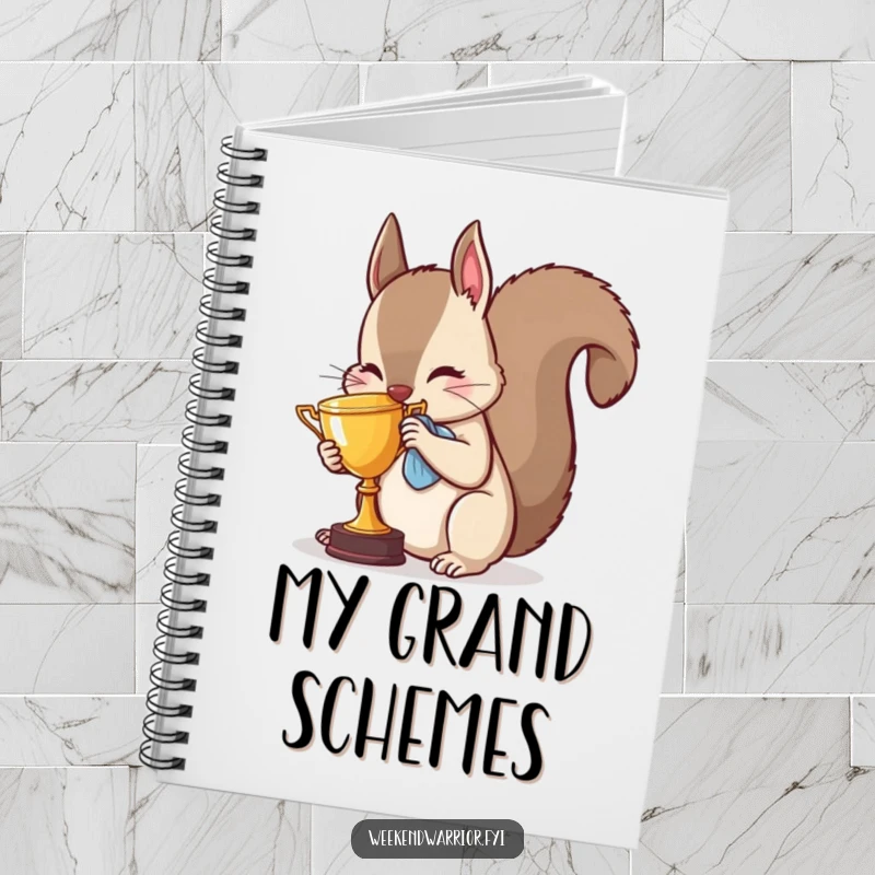 Funny squirrel notebook with a determined animal polishing a tiny trophy, inspiring success and organized thoughts.