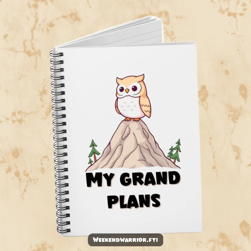 Funny Kawaii owl notebook, a wise owl surveying a landscape from a tiny mountain, great for nature journaling.