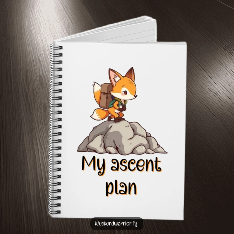 Funny Fox Notebook with a backpack, climbing a rocky outcrop, perfect for notes and adventure plans.