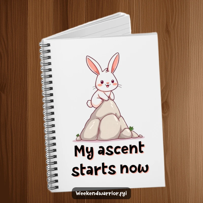 Funny determined rabbit with a satisfied smile scaling a small rock formation on a notebook cover.