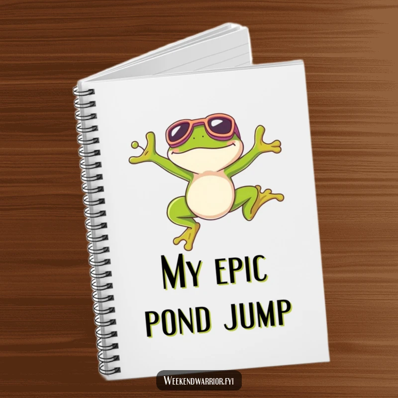 Funny notebook with a frog in goggles, smiling after a triumphant jump, ready for creative thoughts.