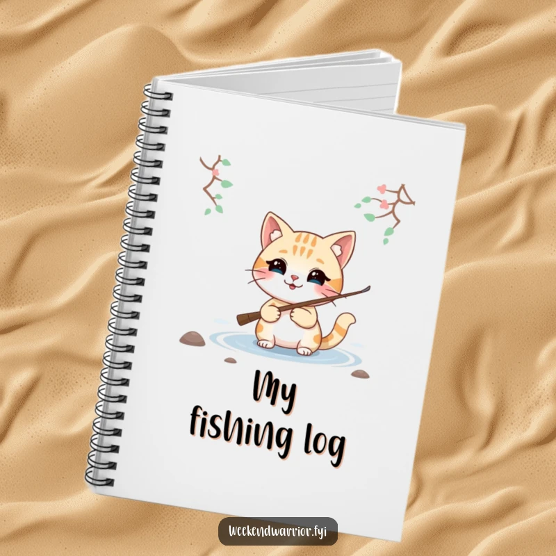 Funny notebook with a smiling cat character holding a fishing rod by a lake, perfect for jotting down thoughts and ideas.
