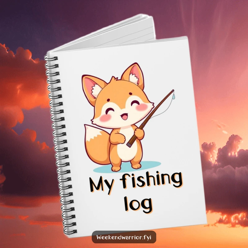 Funny notebook cover featuring an excited kawaii fox holding a fishing rod, ready to capture fishing stories and notes.