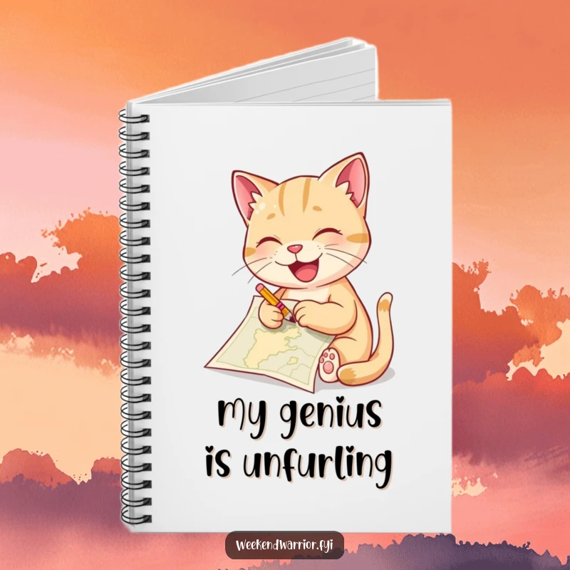 Funny cat notebook with a delighted cat sketching a map using a tiny pencil, designed for notes and creative planning.