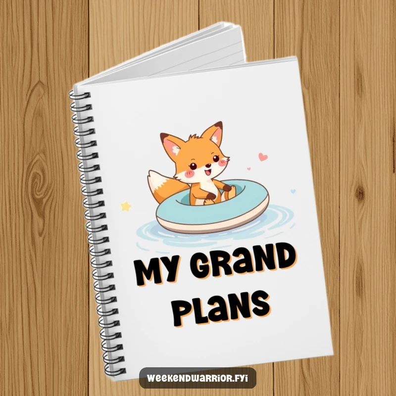 Funny fox raft puddle notebook with a cover depicting a cheerful fox on an inflatable raft, perfect for jotting down adventures.