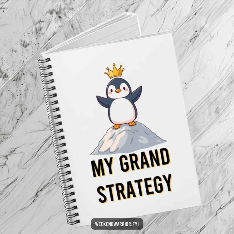 Funny notebook featuring a proud penguin standing on a hill, ready to jot down plans and victories.