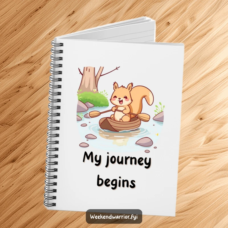 Funny kawaii squirrel joyfully paddling a small raft down a stream, on the cover of a lined notebook. Ideal for journaling adventures.