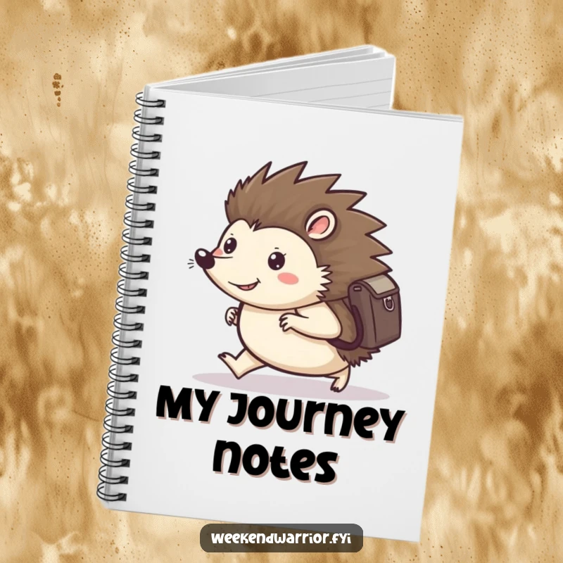 Funny notebook cover featuring a happy hedgehog with a backpack, marching determinedly forward, ready to capture notes and ideas.