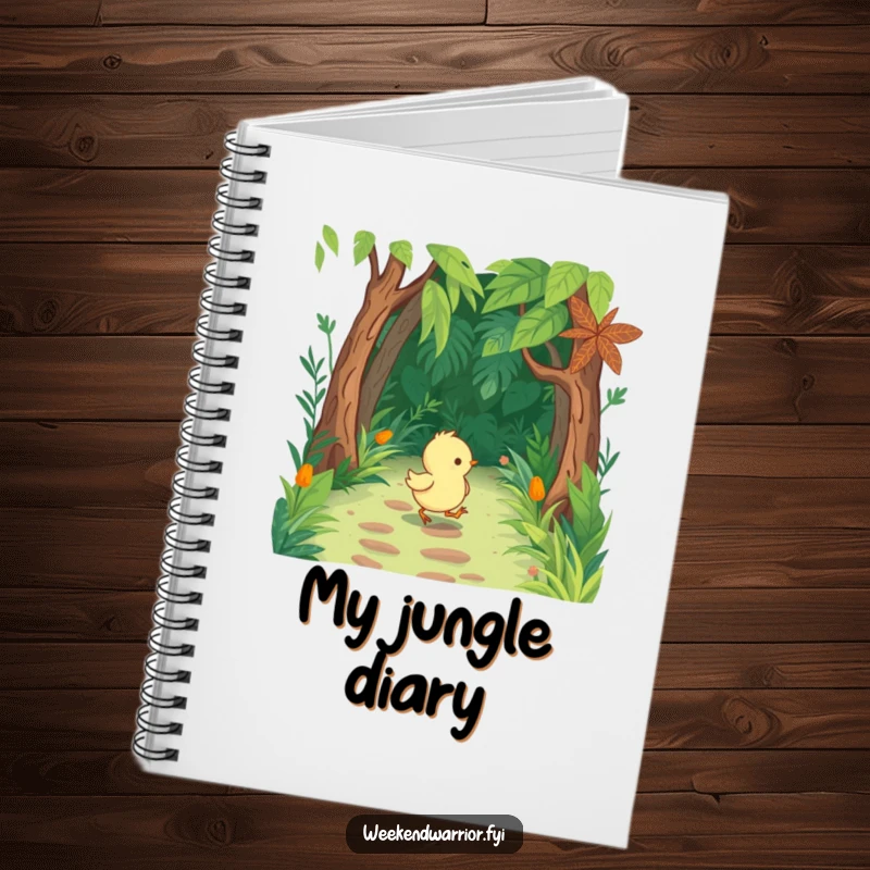 Funny Chick Notebook with tiny boots, marching through a lush jungle path, perfect for notes.