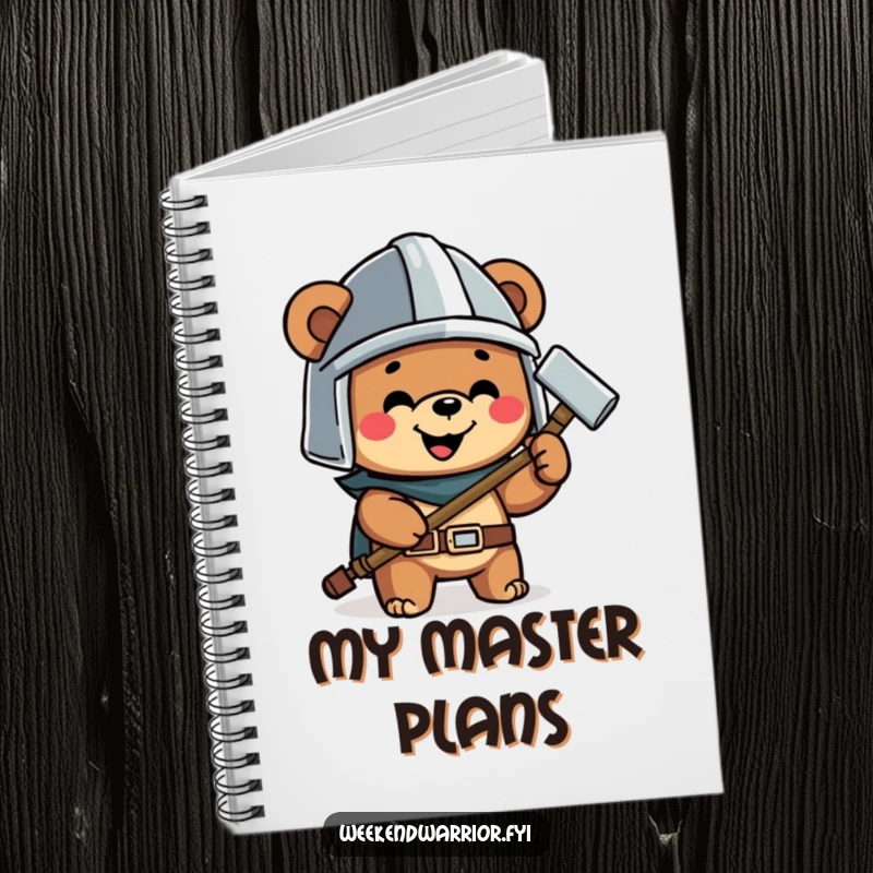 Funny notebook with a happy bear in a helmet holding a hammer, perfect for jotting down project plans.