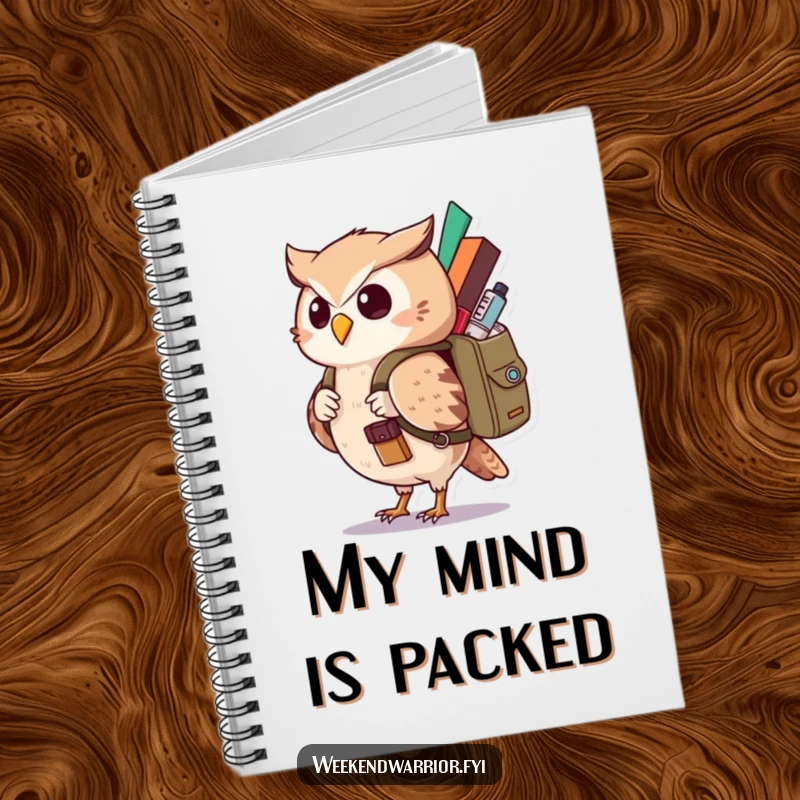 Funny Kawaii Owl Notebook featuring a curious character with a backpack, perfect for jotting down adventurous thoughts humorously. Ideal funny gift.