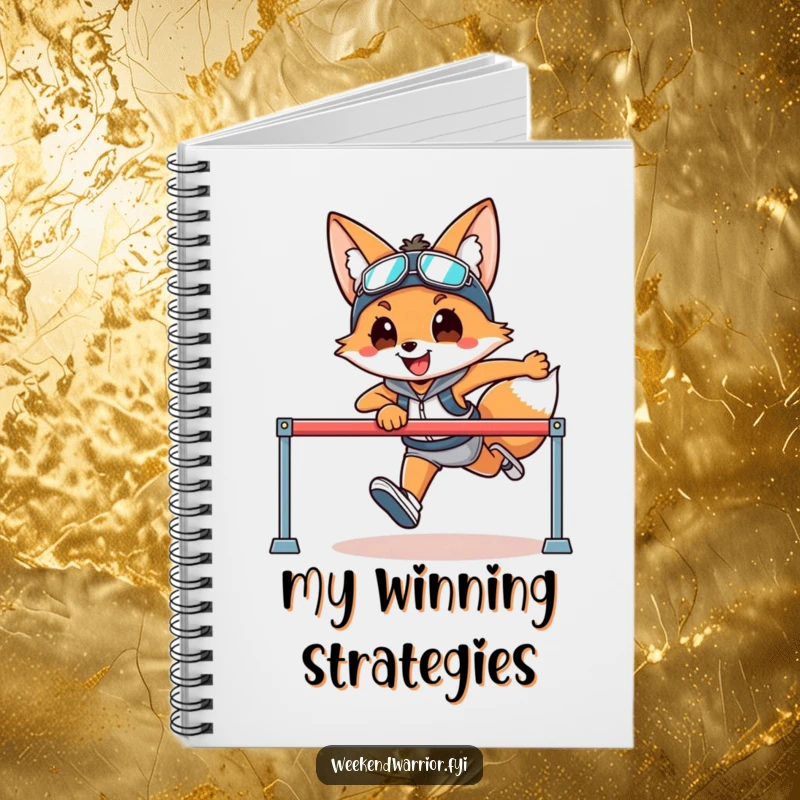 Funny notebook with a smiling fox in athletic gear leaping over a hurdle, ideal for tracking fitness goals.