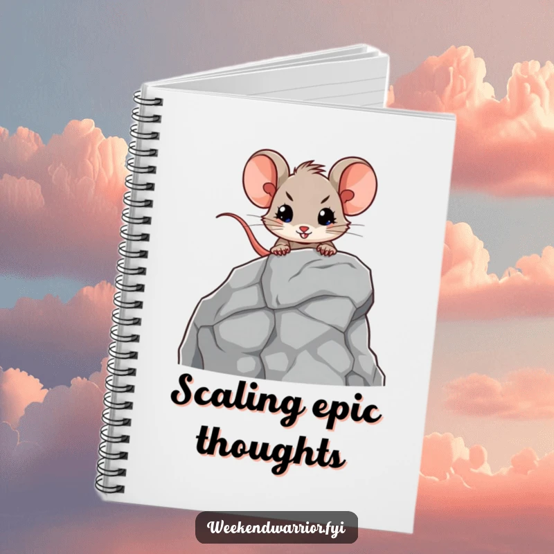 Funny notebook with a brave mouse character scaling a miniature rock face, perfect for jotting down notes and aspiring adventurers.