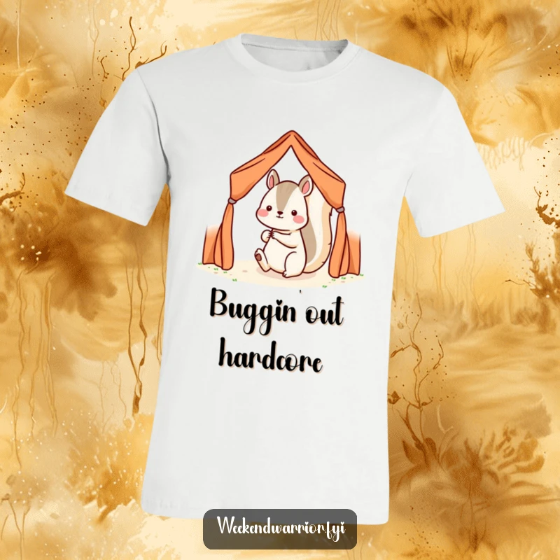 Funny Kawaii squirrel character humorously setting up a small camping tent on a T-shirt, showcasing determination.