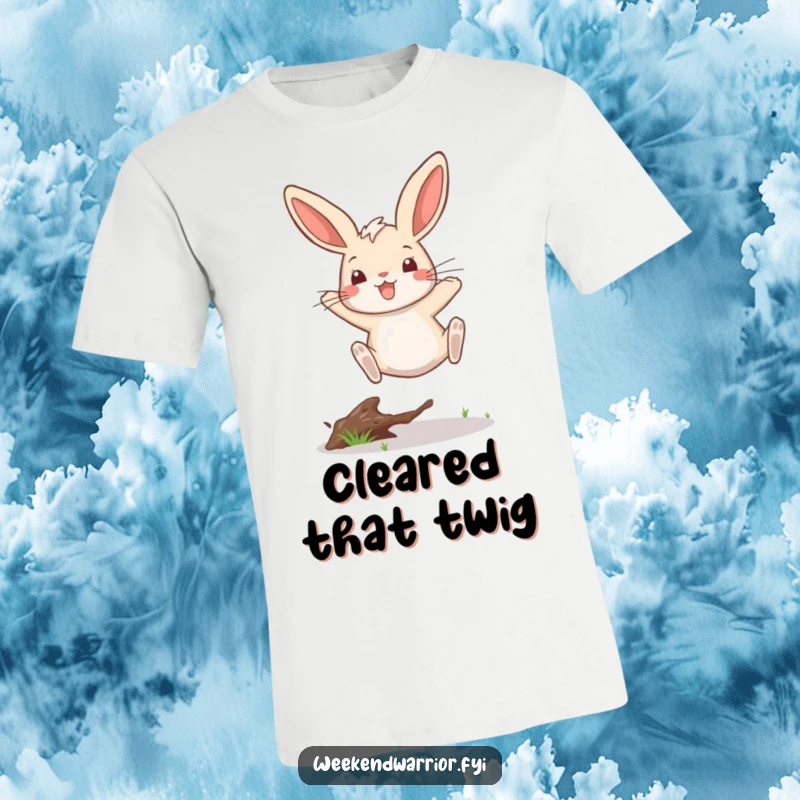 Funny t-shirt featuring a playful rabbit in mid-leap, energetically jumping over a twig with a proud, silly grin.