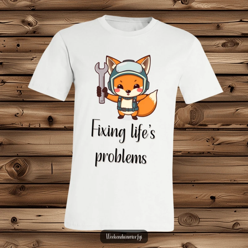 Funny Determined Fox Mechanic T-Shirt, a fox wearing a helmet raising a small wrench triumphantly, celebrating mechanical skills.