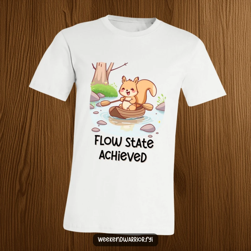 Funny kawaii squirrel joyfully paddling a small raft down a stream, on a comfortable t-shirt. A humorous and adventurous design.
