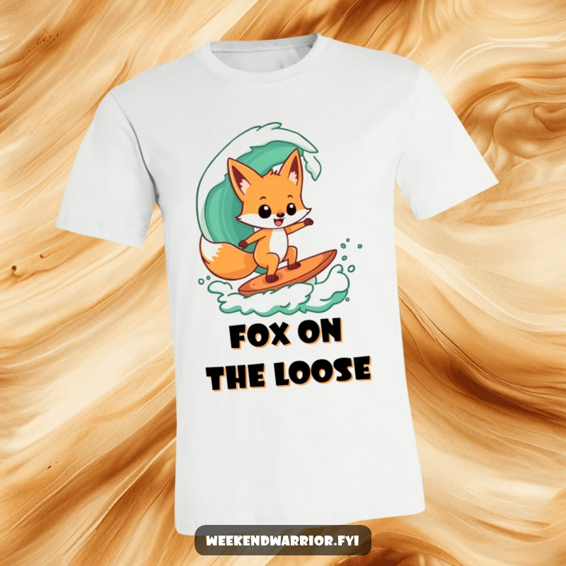 Funny t-shirt depicting a playful fox character confidently surfing a stylized green wave, embodying cool beach vibes.