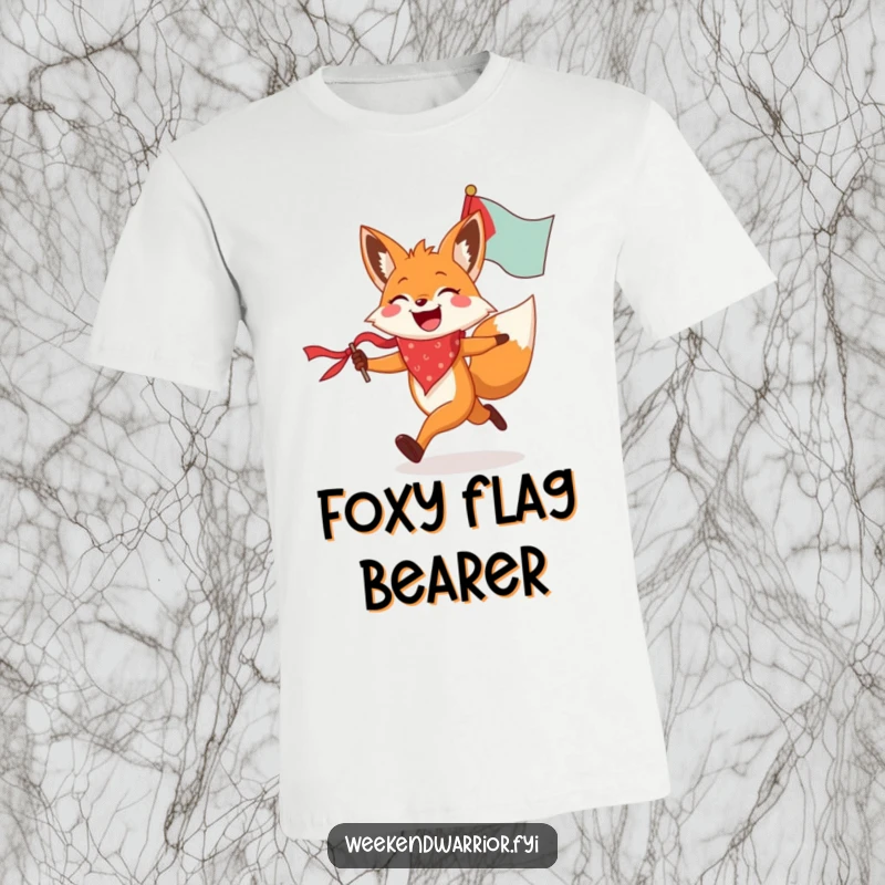 Funny fox t-shirt featuring a joyful fox wearing a bandana, enthusiastically running with a flag, a humorous design for freedom lovers.