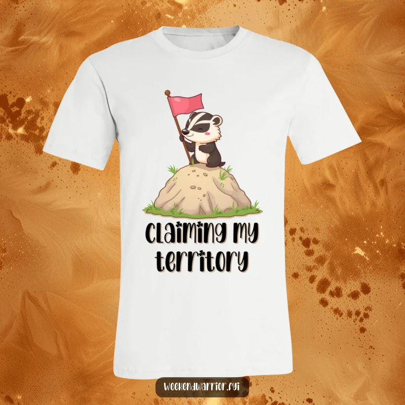 Funny badger flag planting t-shirt depicting a determined badger successfully planting a flag atop a small hill, embodying achievement.