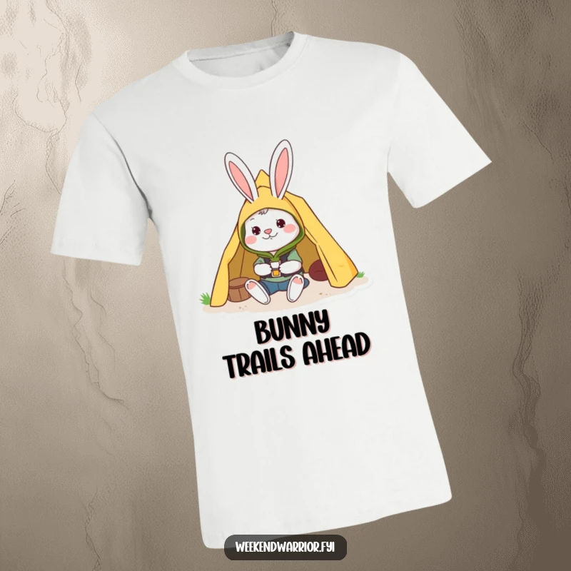 Funny t-shirt with a cheerful rabbit in camping gear setting up a tent, perfect for outdoor adventures.
