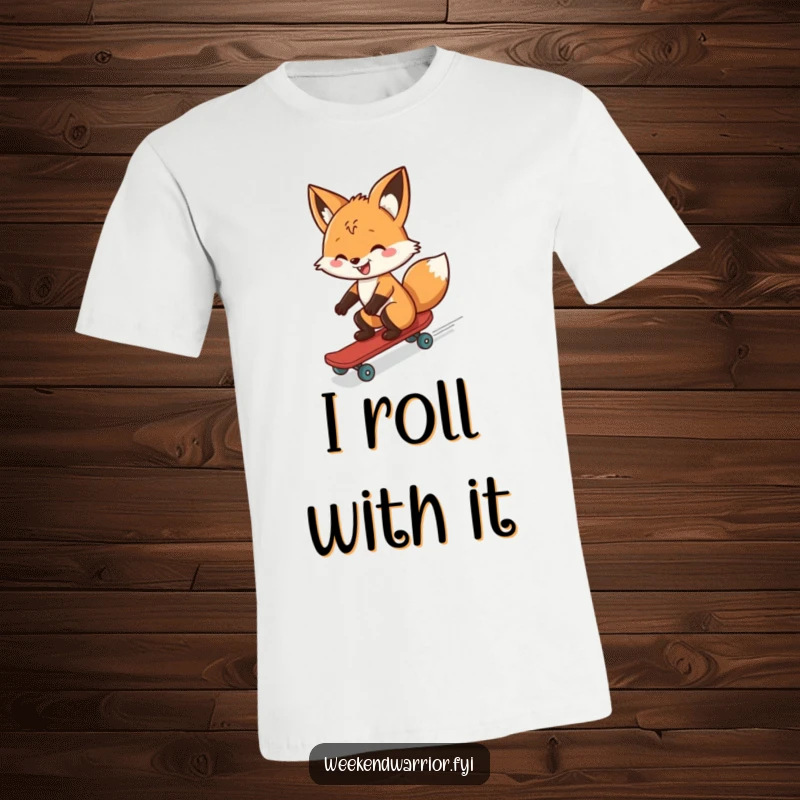 Funny T-shirt depicting a happy fox confidently skateboarding downhill, capturing a moment of exhilarating freedom and a cheeky grin.