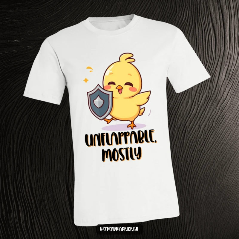 Funny chick t-shirt showing a giggling yellow character with a small shield, expertly dodging imaginary attacks, great for playful wear.