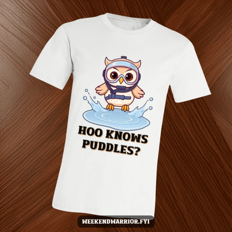 Funny t-shirt featuring an owl wearing protective gear and diving into a small puddle, perfect for gifting.