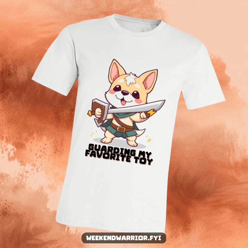 Funny t-shirt featuring a playful dog character with a sword and shield, celebrating courage and pets.