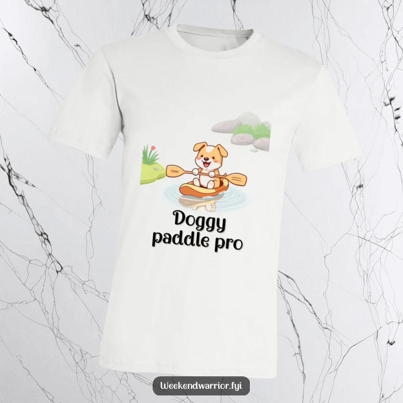 Funny t-shirt showing an energetic dog paddling in a stream with a paddle, perfect for active people and dog enthusiasts.