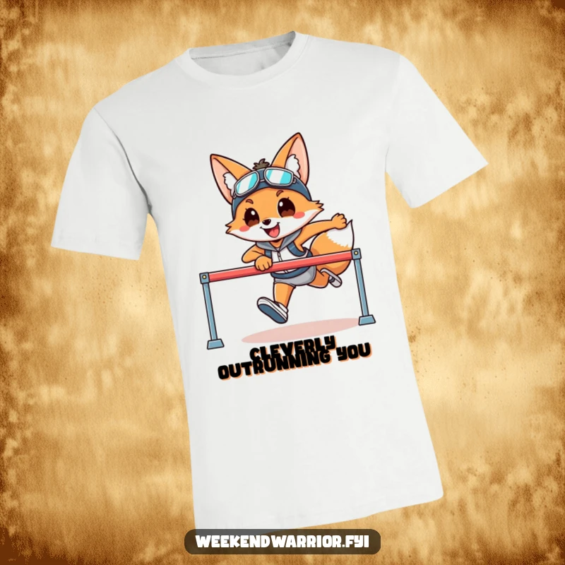 Funny t-shirt with a smiling fox in athletic gear clearing a hurdle, perfect for running and sports fans.
