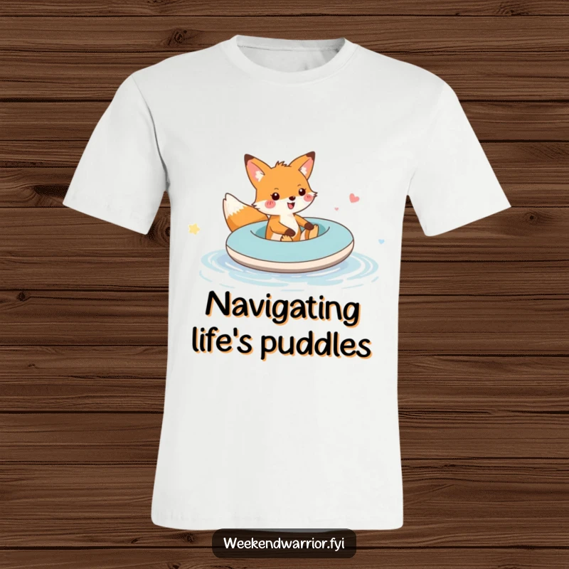 Funny fox raft t-shirt depicting a cheerful fox adventuring on an inflatable raft across a tiny puddle, full of carefree joy.