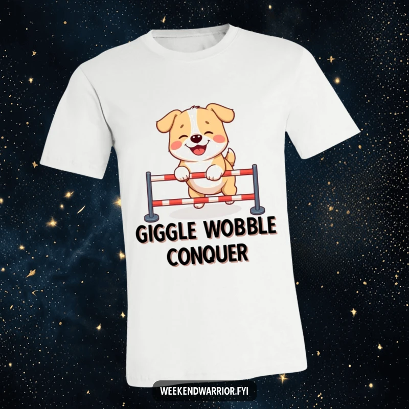 Funny dog t-shirt with a giggling dog navigating a tiny obstacle course, expressing pure delight and athletic prowess.